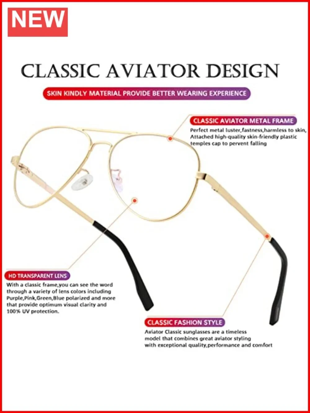 Aviator Metal Frame Sunglasses 100% UV400 Protection